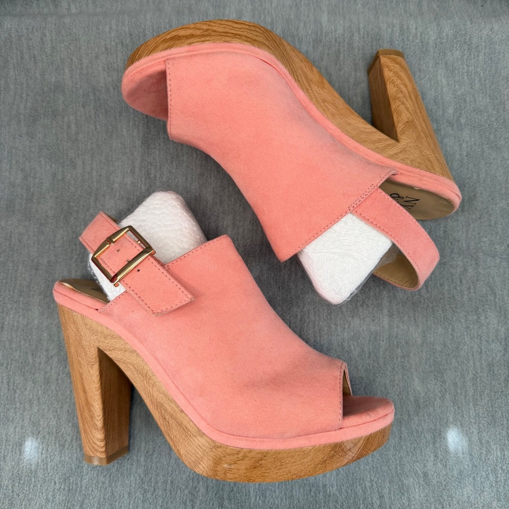 NY&C Platform Sandals 8 Pink Faux Suede Wood Heel CottageCore Peep Toe Coquette - Picture 5 of 10